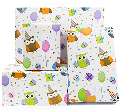 Eulen Geschenkpapier für Kinder, Mädchen, Jungen, 4 Blatt 50 x 70 cm pro Blatt, Bunte Eulen, Luftballons, Geschenkpakete, Cupcake-Muffin Geschenkpapier für Geburtstagsfeier, Babyparty, Kindergarten