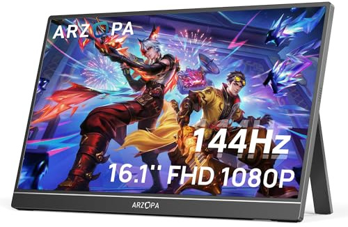 ARZOPA Monitor portátil de 16.1 pulgadas 144Hz, 100% sRGB 1080p FHD con estándar HDR, ultrafino, cuidado de los ojos, segunda pantalla externa para computadora portátil, PC, PS5, Mac, Xbox,