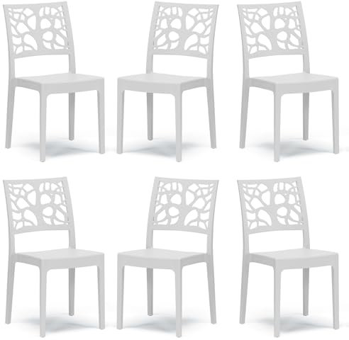 Set 6 sedie in polipropilene TETI, MADE IN ITALY, impilabile, idrorepellente, resistenza raggi UV, design moderno albero della vita per sala da pranzo, cucina, bar, ristoranti, esterno (Bianco, 6)