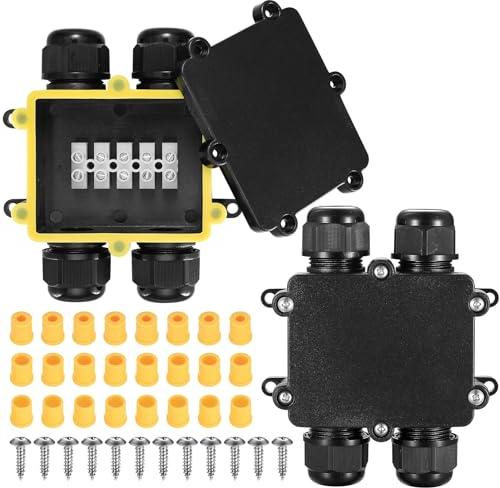 2 Pcs IP68 Waterproof Junction Box, 4-Way Outdoor Electrical Cable Wire Connectors, Extension Cable Connectors Junction Boxes with Glands for Ø5mm-14mm Cable - Black