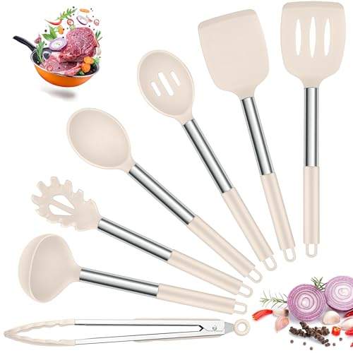 Joyfair Kitchen Utensils Set, 7 Pcs Silicone Cooking Utensils with Stainless Steel Handle, Non Scratch Cooking Tools Spatula Tongs Spoon for Non Stick Cookware, Heat Resistant & Dishwasher Safe, Khaki