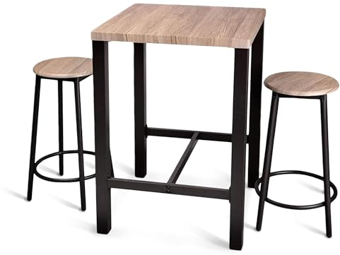 TIENDA EURASIA – Mesa Alta con 2 Taburetes | Diseño Nórdico | Estructura de Metal Color Negro con Madera MDF | Medidas Mesa 60 x 86 x 60 cm | Taburetes 30 x 62 cm