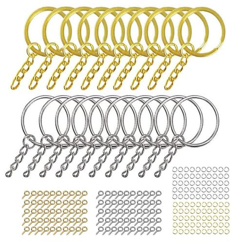 Lot de 220 porte-clés en résine pour clés avec chaîne, anneaux ouverts, épingles à œillet à vis, porte-clés doré et argenté