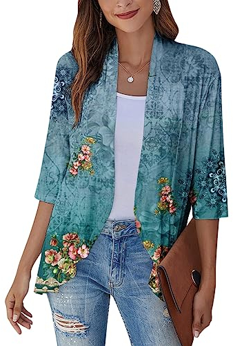 SCBFDI Giacca Donna, Cardigan Kimono da Donna Cardigan Floreale Con Maniche a 3/4 Spolverino Aperto Sul Avanti Volant Drappeggiato Elegante Coprispalle Estivo, Coprispalle Pelliccia Donna