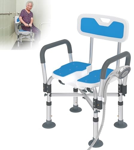 XMTECH Sedia da doccia, sgabello da bagno con scollo igienico, sedia da doccia per anziani, con braccioli e schienale, regolabile in altezza, fino a 200 kg, per anziani, donne incinte, disabili