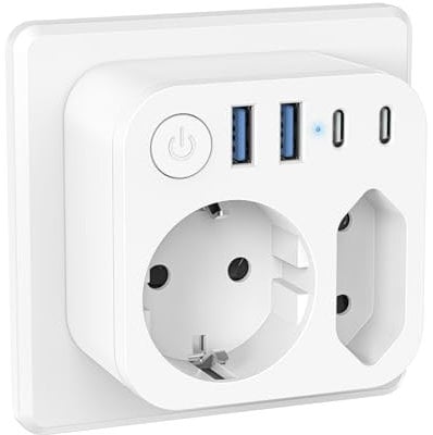 6 in 1 Steckdosenleiste mit 4 USB (2 Typ-C), Doppelstecker für Steckdose, 2 Fach Mehrfachstecker mit Schalter für Phone und Haushaltsgeräte, Weiß
