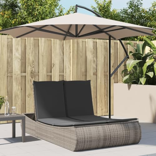 Homgoday Doppel-Sonnenliege mit Auflagen Gartenliege Relaxliege Sonnenliegen für 2 Personen Doppelliege Balkonliege Verstellbare Rückenlehne Grau Poly Rattan