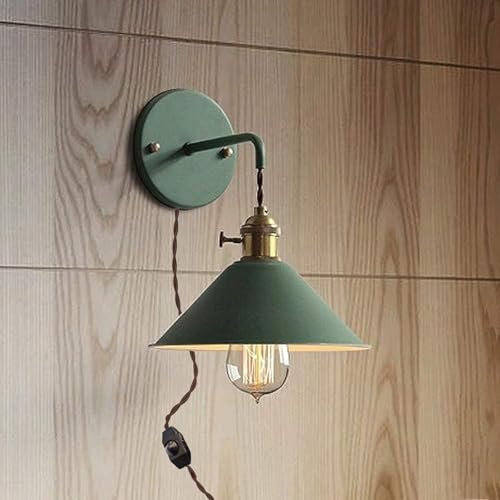 Wandlampe mit Stecker E27 Vintage Wandleuchte mit Drehbare Schalter Industrial Design Retro Wandlicht Lampen mit 2m Kable Metall Lampenschirm Innen Loft Wandlampen für Schlafzimmer (Grün,1 Stück)
