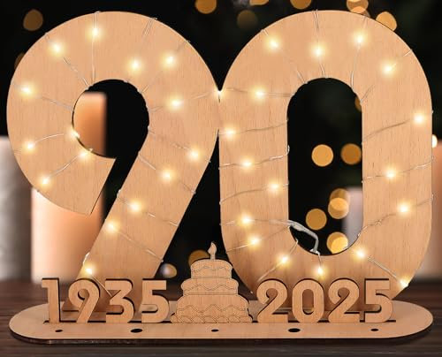 Giftota 2025 Originelle 90 Geburtstag Geschenk Frauen & Männer - Geldgeschenke Geburtstag 90 mit LED-Lichterketten - Dekorationen aus Holz - 90 Holz-Schild Gästebuch - Personalisierbares Geschenk