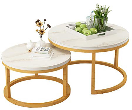 Lot de 2 tables gigognes modernes rondes en verre trempé avec cadre en métal doré pour le salon