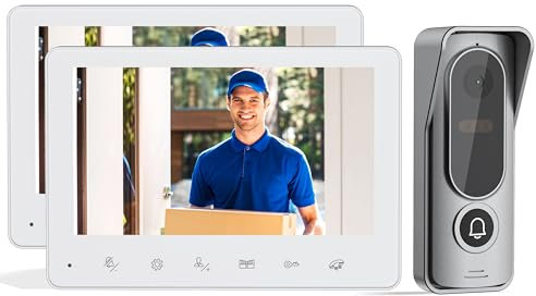JeaTone 1080P Video Türsprechanlage mit 2*7-Zoll Monitor Türsprechanlage mit Kamera,4-Draht Technik Gegensprechanlage,Bewegungserkennung,Nachtsicht und 2-Wege-Audio,Entsperren durch Monitor,1 Familie
