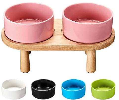 MOPANG Gamelles Surélevées en Céramique pour Petits Chiens, Gamelle Surélevée pour Chat avec Support en Bois, 400ml, Rouge Saumon