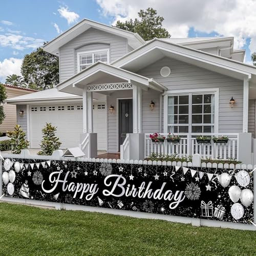 PartyYaa Geburtstag Banner, Lange Geburtstagsbanner Deko, Extra Großes Happy Birthday Banner Party Fotoautomaten Hintergrund Deko Schild Poster für Drinnen und Draußen (Silber Schwarz)