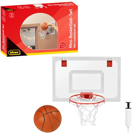 Idena 40379 - Mini Basketball Set, Indoor Basketballkorb mit kleinem Ball und Luftpumpe, inkl. Aufbauanleitung, für Türmontage geeignet, ohne Bohren, für Erwachsene und Kinder ab 6 Jahren