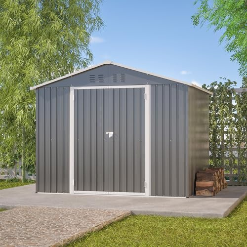 Emmtore Cobertizo de Herramientas de Metal Gris 8x6FT con Puerta Plegable, Color Antracita-Ideal para Herramientas de jardín y Almacenamiento de Herramientas