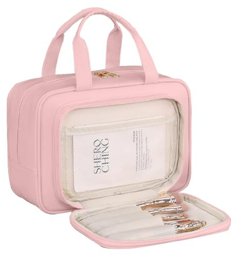 SYEXDZON Borsa da Toilette full size, Grande Sacchetto per Trucco a Grande Apertura, Borsa Cosmetica di Viaggio con Multi-scomparti (Rosa)