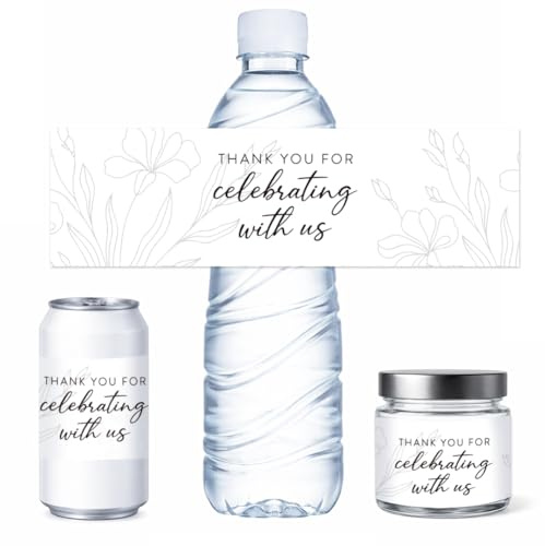 PH PandaHall 100pcs autocollant Décoratif Imperméable pour Bouteille D'Eau à Motifs Floraux « Merci D'Avoir Fêté avec Nous » pour Mariage de Mariée Décorations de Fête D'Anniversaire