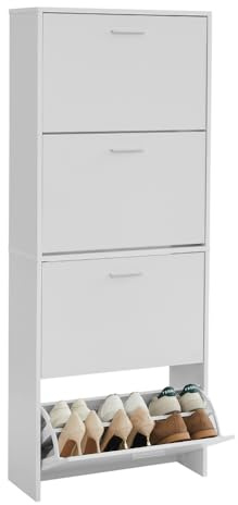 CASABEL Schuhschrank kompakt 24 Paar, weiße Türen und Rahmen | Schuhaufbewahrung, 4 Klappen, große Kapazität, verstellbare Regale, platzsparend, modernes Design, einfache Montage