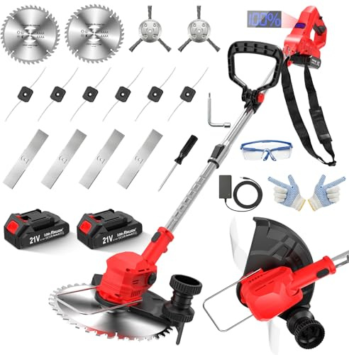 FORLUOAI 21V Rasentrimmer mit 2×2000mAh Akku und Ladegerät, Akku Freischneider mit 14-Fach Schneidsystem, LCD Akkuanzeige, Teleskop Rasentrimmer für Garten, Rasen und Unkraut