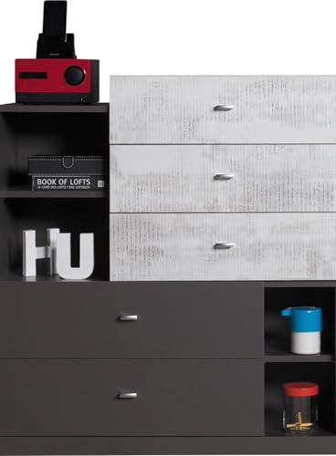 Masseno Kommode FIUME 90 cm Sideboard mit 5 Schubladen und Türen für Wohnzimmer Schlafzimmer Modern 90x40x100 cm Graphitfarben/Hellgrau