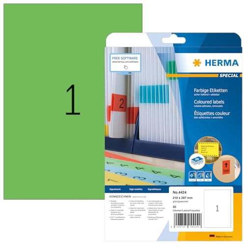 HERMA 4424 Farbige Etiketten grün ablösbar, 20 Blatt, 210 x 297 mm, 1 pro A4 Bogen, 20 Stück, selbstklebend, bedruckbar, matt, blanko Papier Farbetiketten Aufkleber