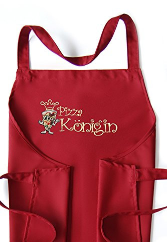 Krings Fashion Schürze Pizza-Königin, Farbe rot, hochwertig bestickte Kochschürze, Küchenschürze