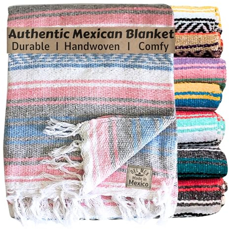 Del Mex Classic Mexican Blanket, Large Authentic Woven Falsa Throw (70x50), Artisan Southwest Décor for Beach, Yoga, Outdoors (Light Pink/Blue)
