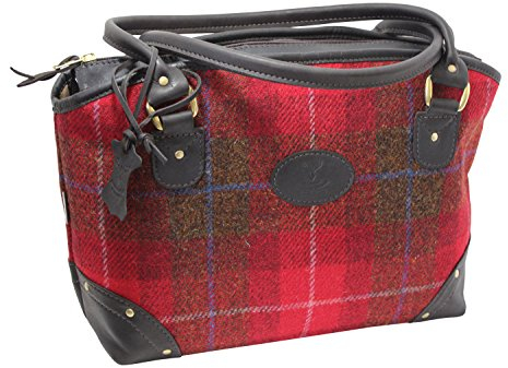 Große Sophie-Tragetasche aus Wildschottenleder mit rotem Schottenkaro, Harris Tweed, rot, Large