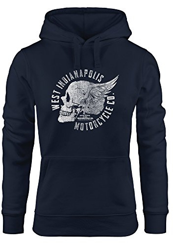 Neverless Cooler Damen Hoodie mit Totenkopf Flügel, Motorrad Biker Skull Wings Vintage, Sweatshirt Kapuze Kapuzenpullover Navy M