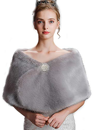 Anglacesmade Brautstola aus Kunstpelz, Stola mit Brosche, Abendgesellschaft, warmer Umhang Gr. onesize, grau