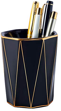 Stifthalter aus Keramik, kegelförmig, mit goldfarbenem Ständer, Stiftebecher für Kinder, Schreibtisch-Organizer, Make-up-Pinselhalter (schwarz)