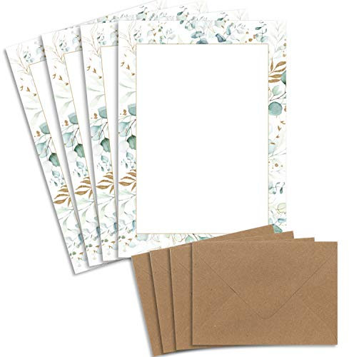 50 Briefbogen-Sets DIN A4 - Naturpapier in Creme - Rahmen mit Eukalyptus-Zweigen - mit Briefumschlägen DIN C6 in Kraftpapier Naturbraun Briefpapier bedruckbar ideal für Hochzeitseinladungen