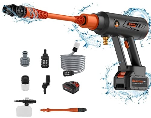Akku Hochdruckreiniger, Bravolu MAX 580 PSI Hochdruckreiniger Mobil mit Zubehörset, 4.0Ah Akku Hochdruckreiniger mit rotierender Düse, Ideal für Autos Boote Garten