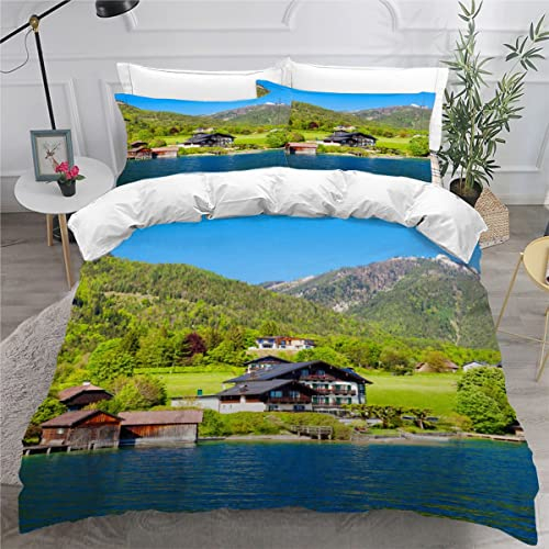 NUYSP Bettwäsche 155x220 Retro-Zug Jungen Teenager Kinderbettwäsche Hypoallergen Weich Mikrofaser Bettwäsche-Sets Österreichische Landschaft Bettbezug mit Reißverschluss und 2 Kissenbezug 80x80cm