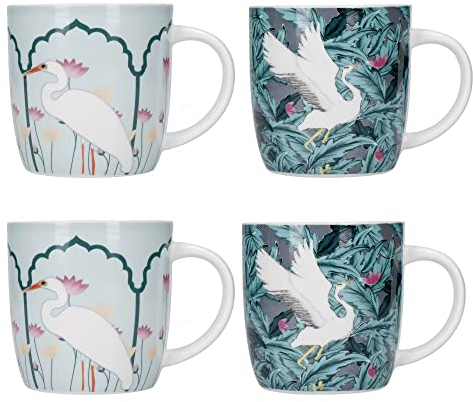 KitchenCraft Oriental Exotic Crane Set 4 Stoneware Barrel Coffee Mugs,Green,425ml