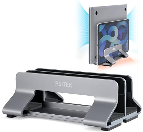 Psitek Aluminum Dual Vertical Laptop Stand Dock Holder,Adjustable 2 Slots Width 10~30mm(0.4~1.2 inch), Fits All MacBook and Laptop, Version 2023