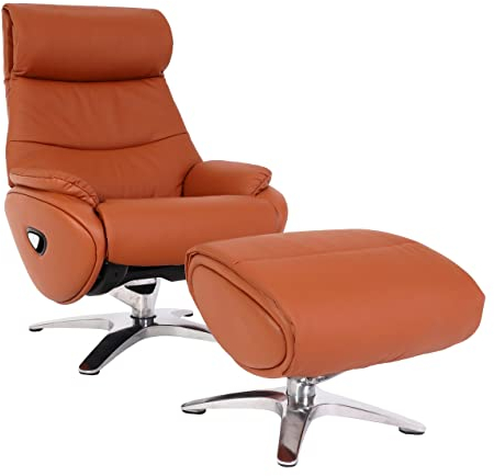 Relaxsessel mit Hocker HWC-K98, Fernsehsessel Sessel, Liegefunktion drehbar, Metall Echtleder/Kunstleder - braun