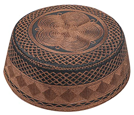 FakeFace Männer Stickerei Muslim Gebet Kufi Hut Männlichen Kopf Mütze Ägyptische Türkisch Arabisch Islamische Runde Geformte Komfortabler Hijab Islam Mann Stickerei Hut (Braun)