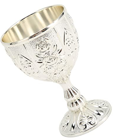 Chalice Goblet Vintage Metal Embossed Wine Cup Art Craft Decoration Metal Embossed Flower Pattern Chalice Wine Cup for Home(Silver)