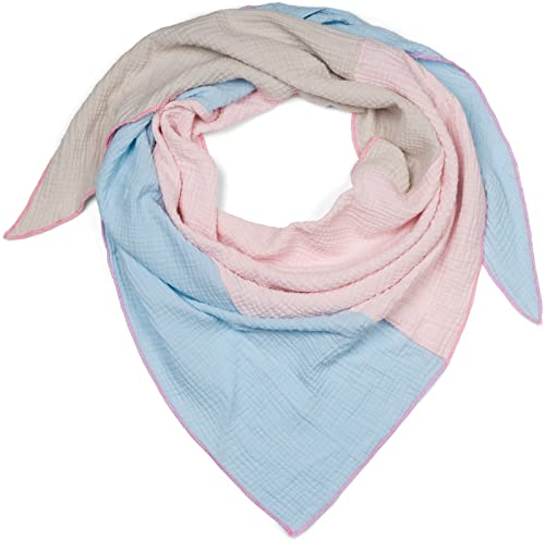 styleBREAKER Damen Musselin Dreieckstuch 3-farbig | Pastell Schal aus Baumwolle für Frühling & Sommer | Leichtes Dreieckstuch aus Musselin Stoff | Made in Italy, Farbe:Hellblau-Rose-Hellgrau