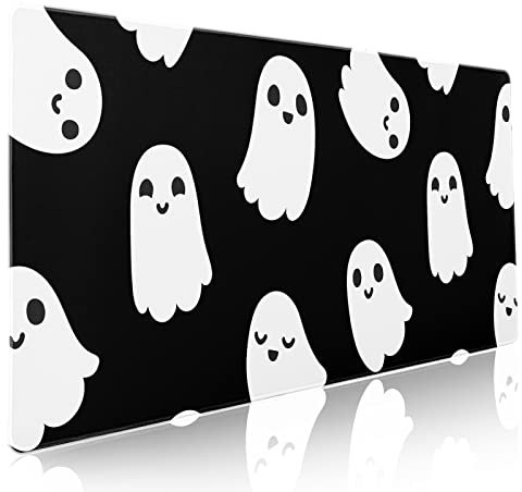Halloween Cute Ghost Mouse Pad Kawaii Cartoon Spooky Funny Spirit Extended Desk Mat Non-Slip Rubber Base Stitched Edge Large XXL Black White Mousepad for Gaming Laptop Computer Desktop 35.4×15.7 in
