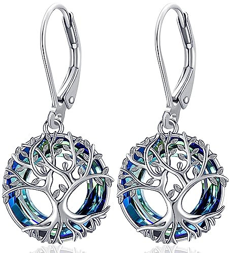 Boucle d'oreille Arbre de Vie Femme, Boucles d'oreilles Arbre de Vie Argent Sterling 925, Boucles d'oreilles Femme Arbre de Vie avec Cristal, Arbre de Vie Bijoux pour Femme Maman