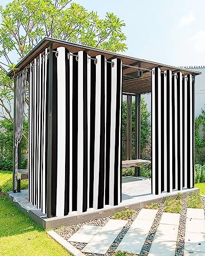 Outdoor Curtains for Patio Waterproof Black and White Stripe Indoor/Outdoor Curtain Tiebacks Simple Style Privacy Curtain Sun Blocking Grommet Drapes for Pergolas Gazebo Porch Balcony 2 Panel 54x84