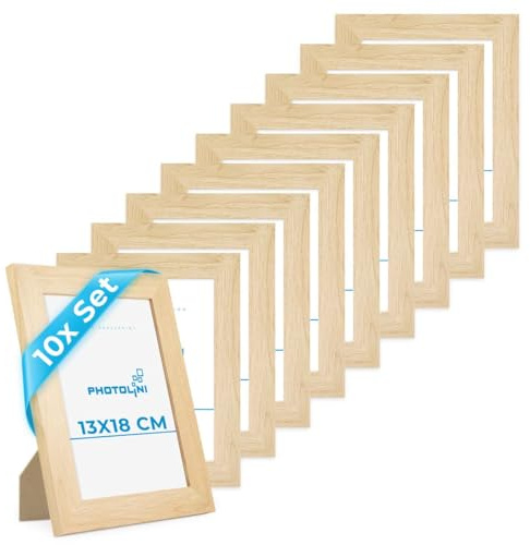 PHOTOLINI Bilderrahmen 13x18 Set Holz MDF Natur, 10er Set breite Bilderrahmen 18x13, Fotorahmen 13 x 18 cm mit Acrylglas, Picture Frame 18x13 zum Aufhängen & Aufstellen, Bilder Rahmen 13x18 für Fotos