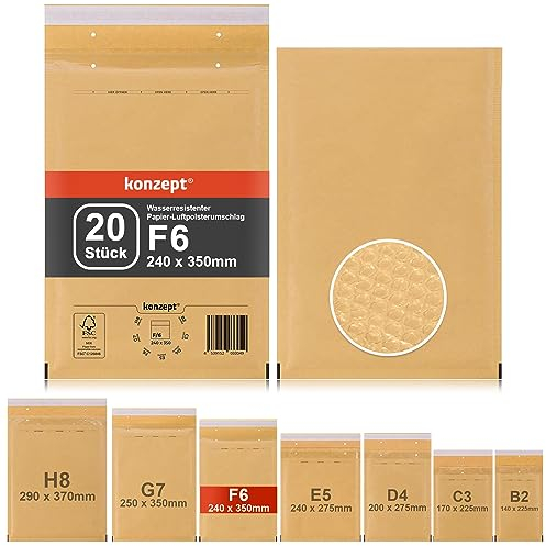 KONZEPT Luftpolsterumschläge, Set 20 Stück, Luftpolstertaschen für Brief, Unterlagen, CD, Fotos, Bücher, Kleidung, Elektronik, Schmuck, Kosmetik, selbstklebend, DIN F6, 240 x 350 mm