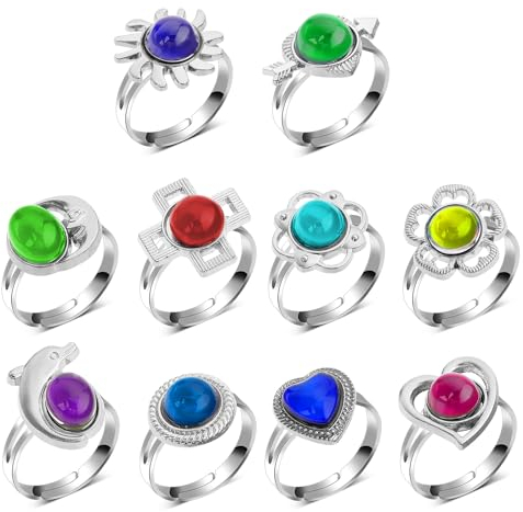 Prasacco Lot de 10 bagues à changement de couleur pour enfants - Réglables - Changement de couleur - En métal - Pour accessoires de costume, robes de fête, cadeaux d'anniversaire (10 styles mignons)