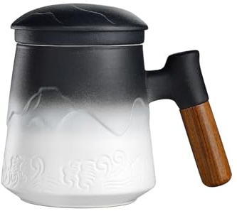 ZENS Tea Mug with Infuser and Lid, 450ML Embossed Ceramic Loose Leaf Tea Cup with Fine Strainers for Diffusers, Wood Handle Tea Infuer Mug for Steeper Tea Accessories for Women Tea Lovers Gifts