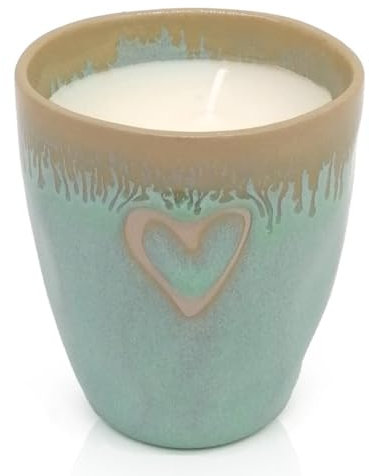 Mea-Living STONEWARE Kerze im Espressobecher türkis Herz, handgemachtes Steingut, 150 ml, wunderschönes Geschirr mit Kerze