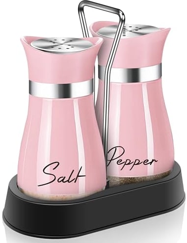 Pink Salt and Pepper Shakers Set with Holder,4 oz Kitchen Decor and Accessories Home Essentials Cute Household Items for Mother's Day Housewarming Gift Refillable Design (Pink)