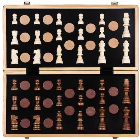 Tumu 2 in 1 Chess Set for Adults Kids - 16 Inch Magnetic Wooden Chess Board with Checkers, 2 Extra Queens, Folding Travel Chess Set with Storage Slots, Gift Toys for Boys Girls